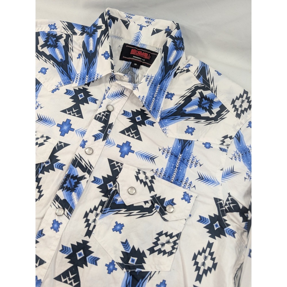 Rock And Roll Denim Mens Med Modern Fit White Snap Up Aztec Southwestern